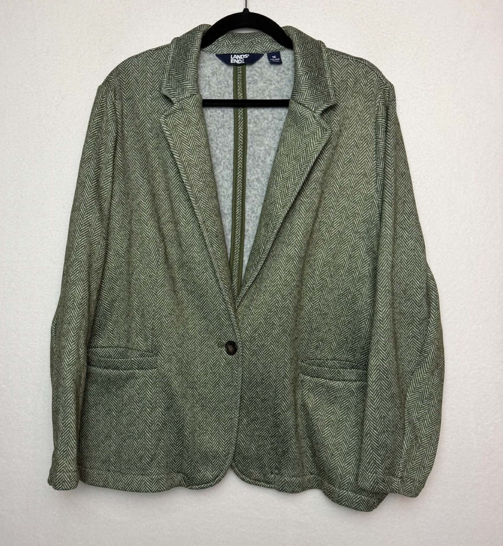 Lands' End Herringbone Knit Fleece Blazer Single Button Green White Women's 1X